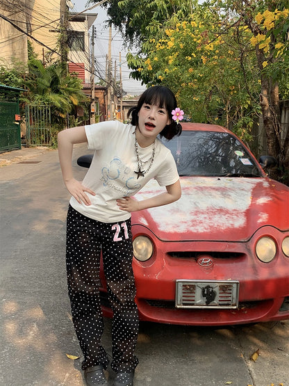 Number Wide-leg Dot with Black Pants Polka Print and