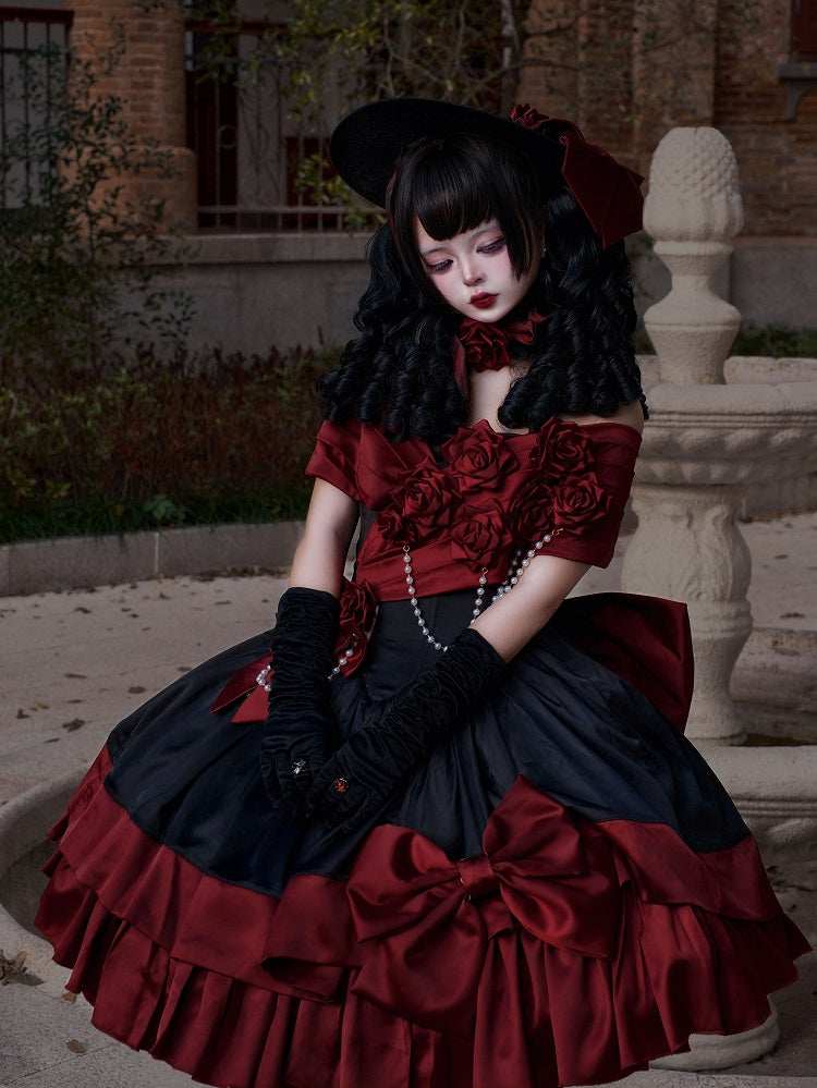 Red Black Roses Off-Shoulder Boned Lolita Set - Treasure Box Factory