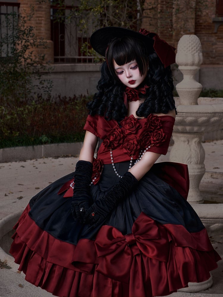 Red Black Off-Shoulder Boned Lolita Gown - Treasure Box Factory