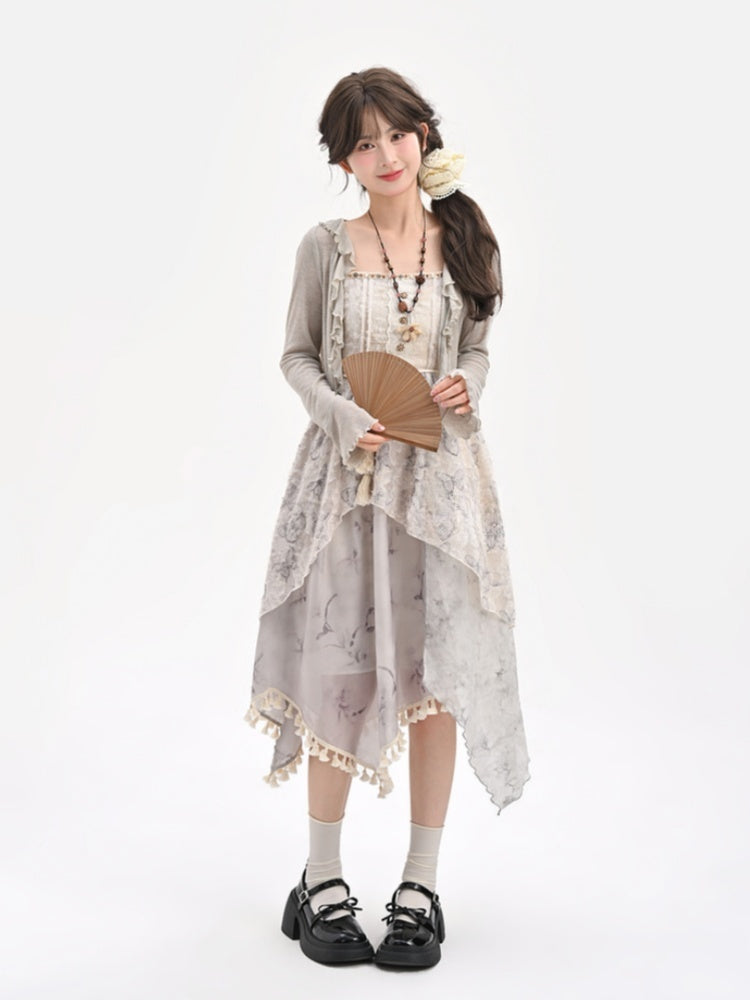 Kei Cheongsam Hem Asymmetrical Tassel Mori Slip Dress Jacquard Style Gray