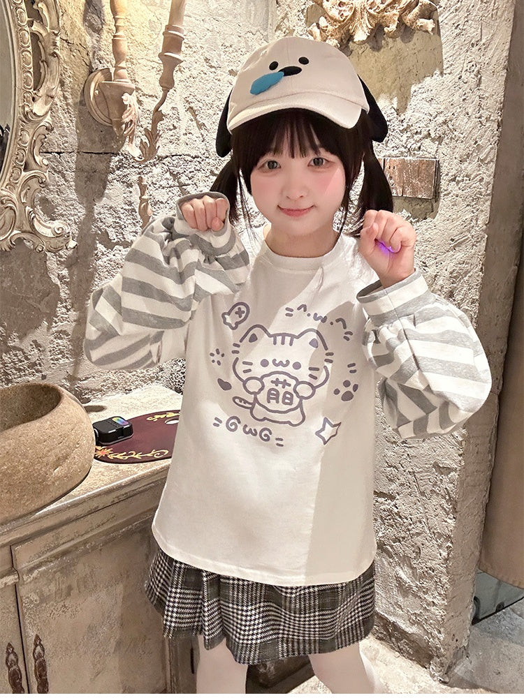 ホワイトキティプリントストライプ長袖Tシャツ
