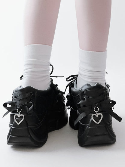 Rhinestone at Heart Ruffles Back Kei Closure Platforms Black Decor Trim Crystal Jirai - with Lace-up