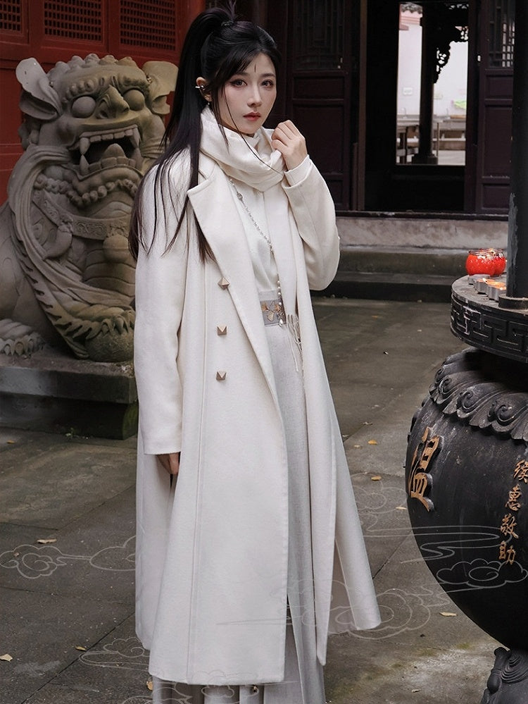 in Style Beige Chinese Coat Vent Design Unisex Front Buttoned Scarf Side Set with