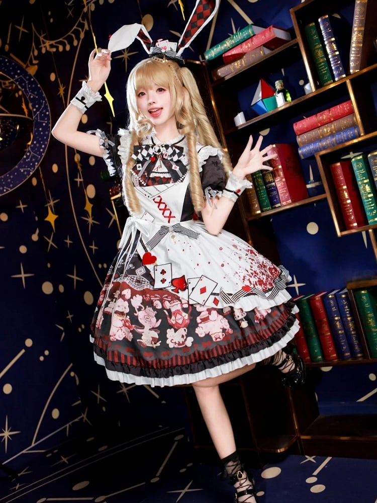 Sweet Lolita Apron Dress OP Full Set with Bunny & Teapot Print in Black and Red - Ying Luo Fu
