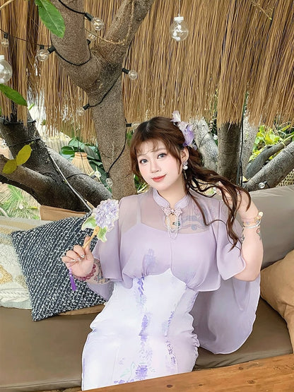 チーパオデザインドレス プラスサイズ チャイナドレススタイル パープルプリント ケープウィステリア