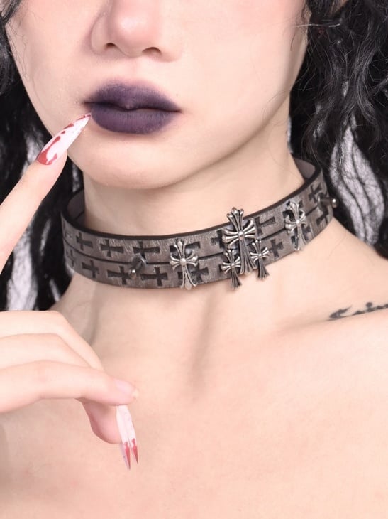 Light Brown Dark Gothic Cross PU Choker