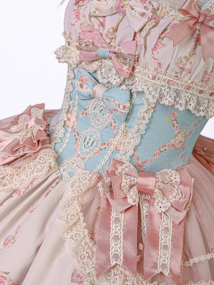 Doll Theme JSK Dress in Blue & Pink with Bow Accents, Lolita Style - Alice Girl