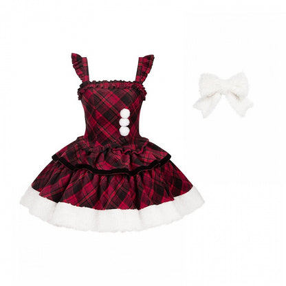 Red with and White Dress Black Winter Brooch Hemline Plaid Bow Plush Lolita Pattern