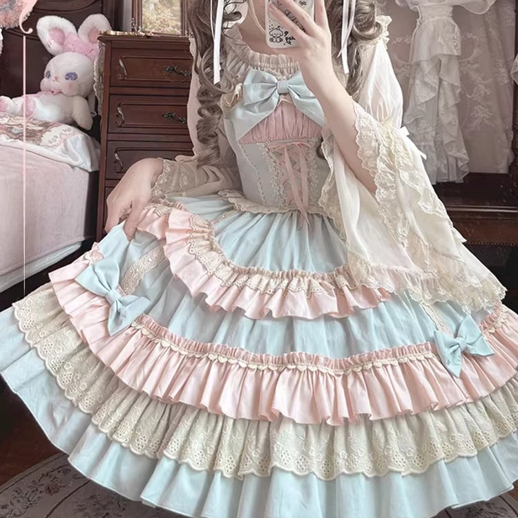 und Candy JSK Süßes Lolita-Kleid mit Schnürung vorne und gewelltem Rand, Farbe Blau, Pink