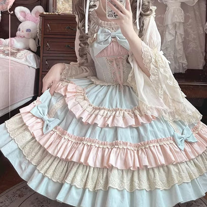 und Candy JSK Süßes Lolita-Kleid mit Schnürung vorne und gewelltem Rand, Farbe Blau, Pink