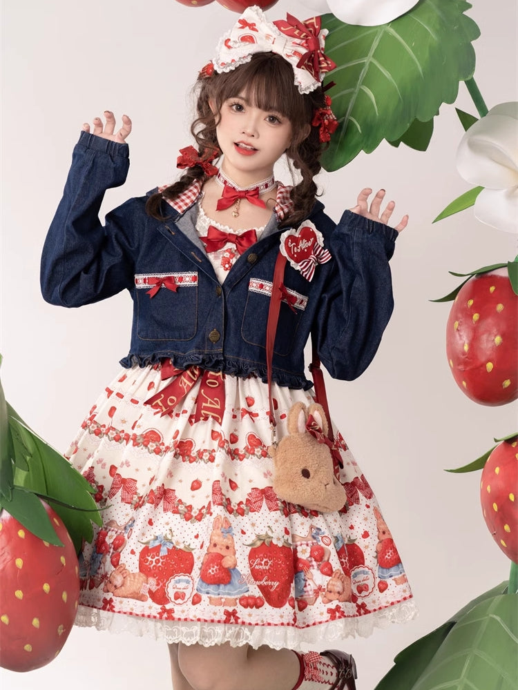 Wine Red Strawberry and Rabbit Print Lace Trim Big Bow KC