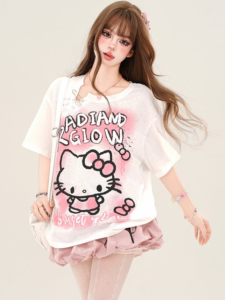 ピンク/ホワイト キティプリント ルーズTシャツ