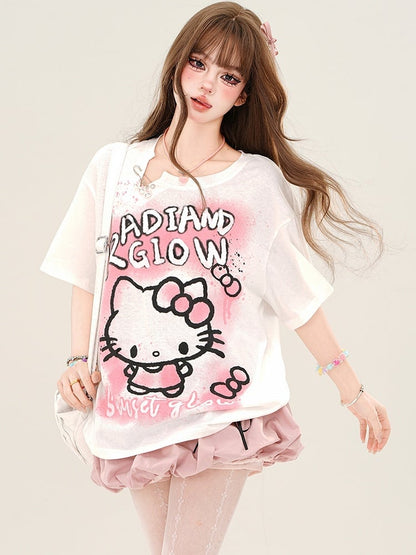 ピンク/ホワイト キティプリント ルーズTシャツ