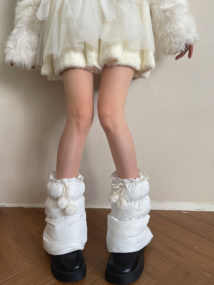 Leg Decorations Puffer with White/Black/Gray Pom-Pom Warmers
