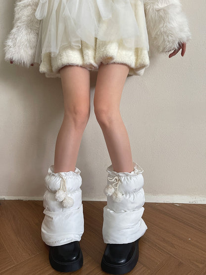 Leg Decorations Puffer with White/Black/Gray Pom-Pom Warmers