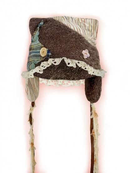 Accents Green Hat Earflap Button with Lace Mori Trim Colorblock Kei Brown and Plaid