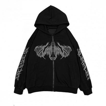 Regular/Thicken Print Hoodie Gothic Black Wing with Zip-Up Skeletal