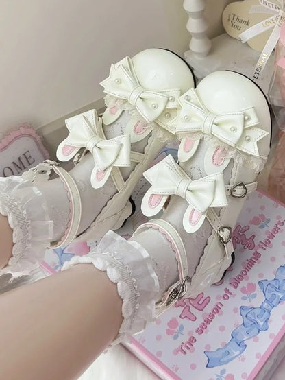 Ear Janes White Bow Leather Bunny PU Lolita Mary Sweet -
