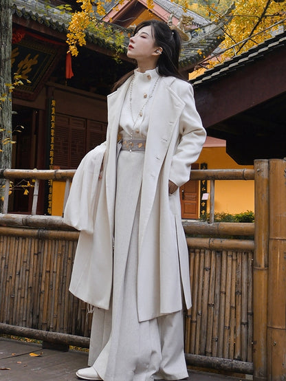 in Style Beige Chinese Coat Vent Design Unisex Front Buttoned Scarf Side Set with