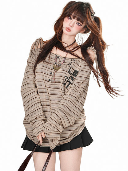 Khakifarbenes, schulterfreies Vintage-Streifen-Top