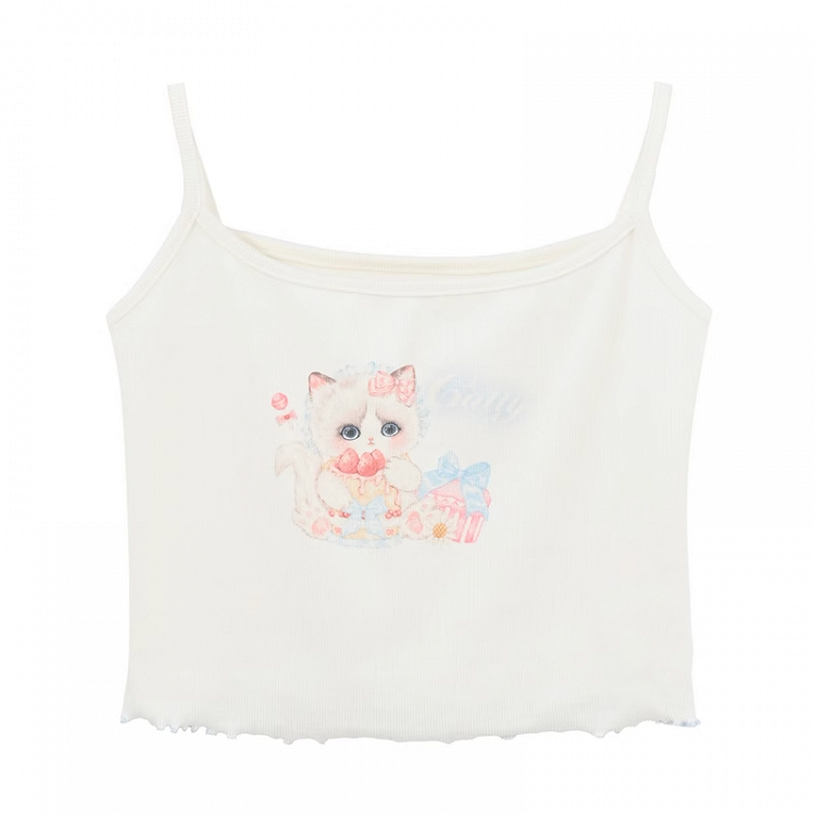 裾ホワイトスクープネックライン キャットプリント レタスキャミトップ