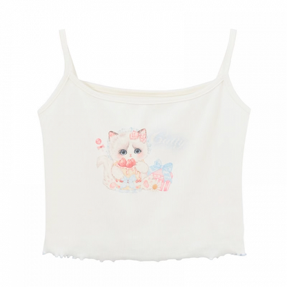 裾ホワイトスクープネックライン キャットプリント レタスキャミトップ
