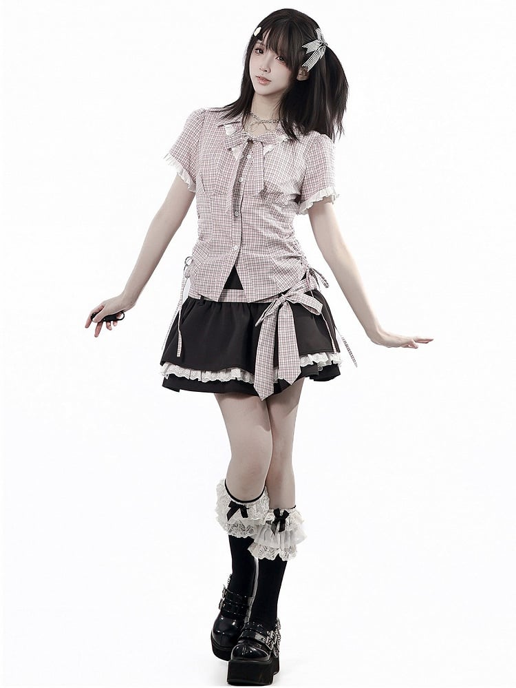 Pink Plaid Turn-down Collar Short Sleeve Shirt with Drawstring Waist & Lace - PINK SAVIOR