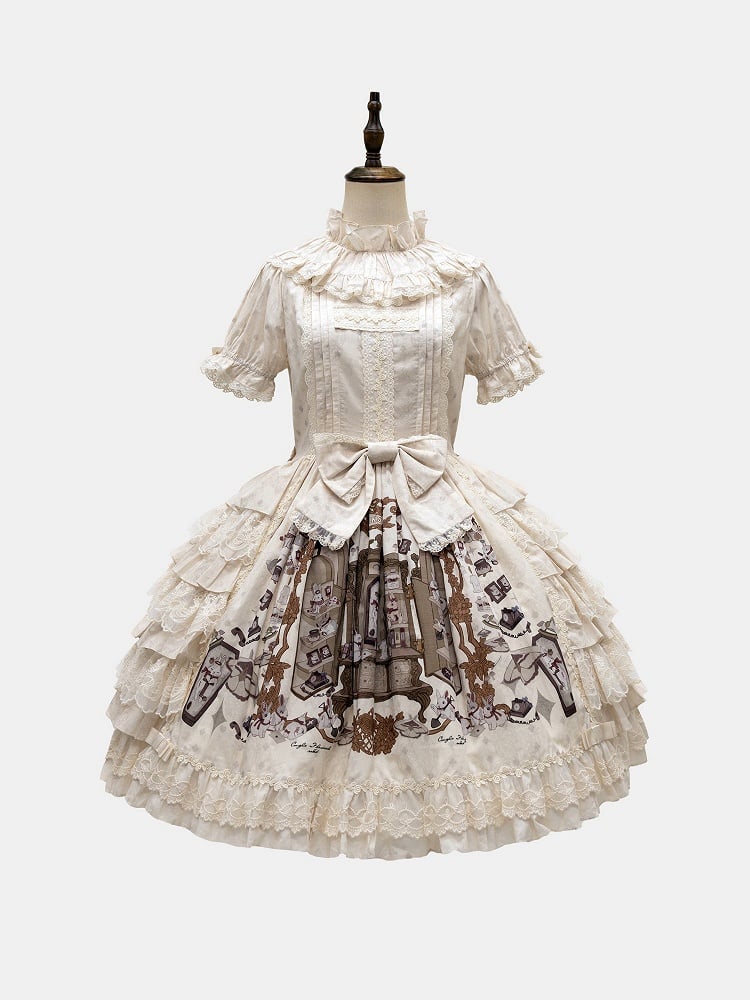 Bunny Print Ruffle Neckline Dress with Lace Details - NnSTAR