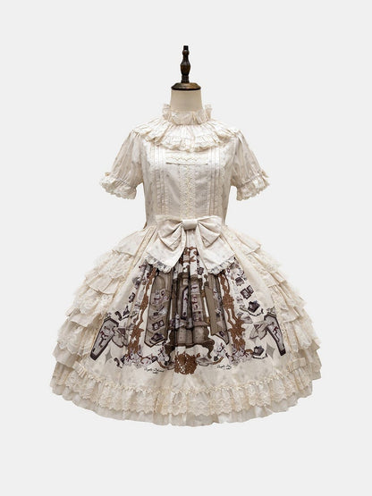 Bunny Print Ruffle Neckline Dress with Lace Details - NnSTAR