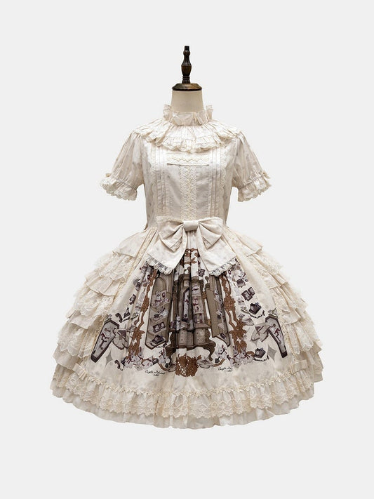 Bunny Print Ruffle Neckline Dress with Lace Details - NnSTAR