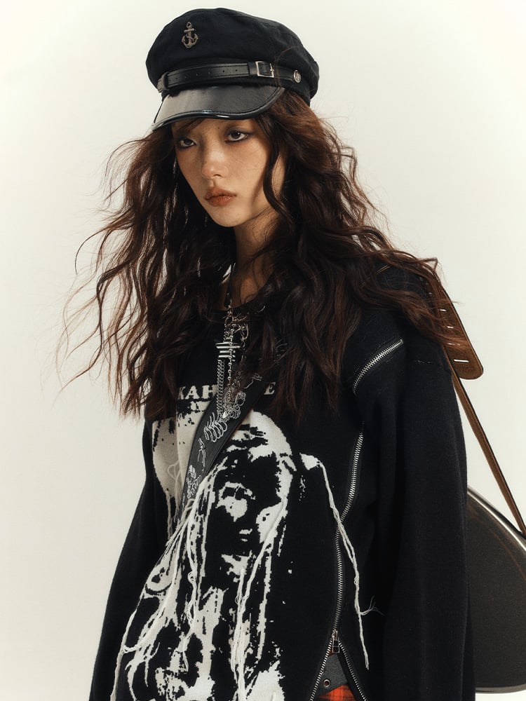 ブラック パンクロック ジップアップ ルーズ ラウンドネック セーター