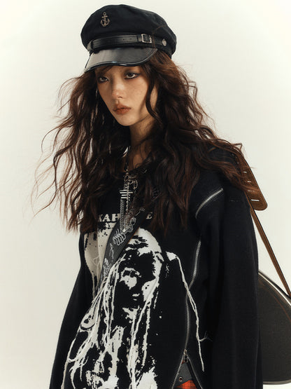 Reißverschlüsse Schwarzer lockerer Rock-Ausschnitt-Design-Punk-Rundpullover