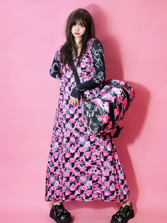 Checked BlackPink Web Skeleton Dress Y2K Pattern Spider A-line And Print Crown