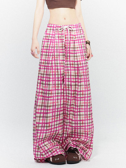 Pink Low-Rise Drawstring Pants Adjustable Checkered Wide-Leg with Waist