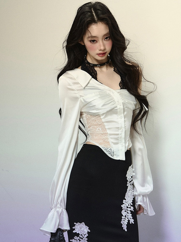 ホワイトレースパッチウエスト長袖ブラウス、ブラックレースホルターネックデザイン