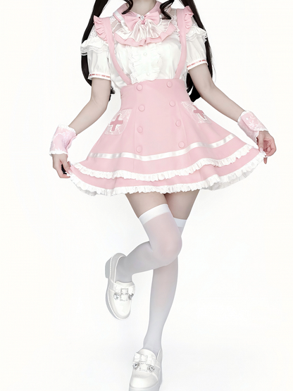 Pink Lace Blouse Skirt Set with Straps & Bow Tie - Shi Zhai Xin