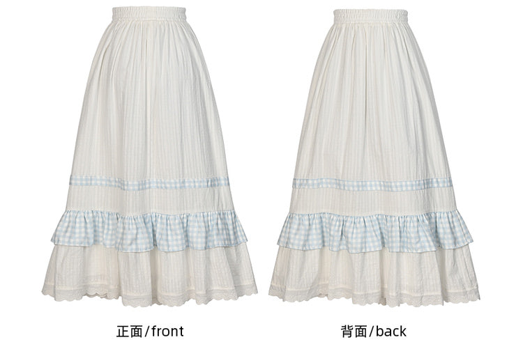 ホワイトハイウエストレーストリムスウィートスカートチェック柄パッチワーク
