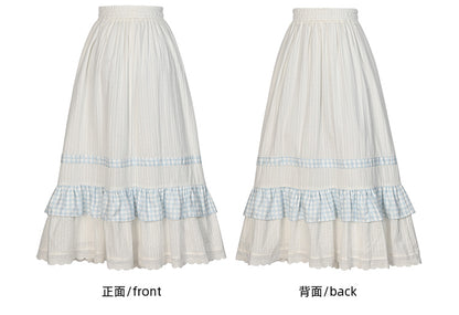 ホワイトハイウエストレーストリムスウィートスカートチェック柄パッチワーク