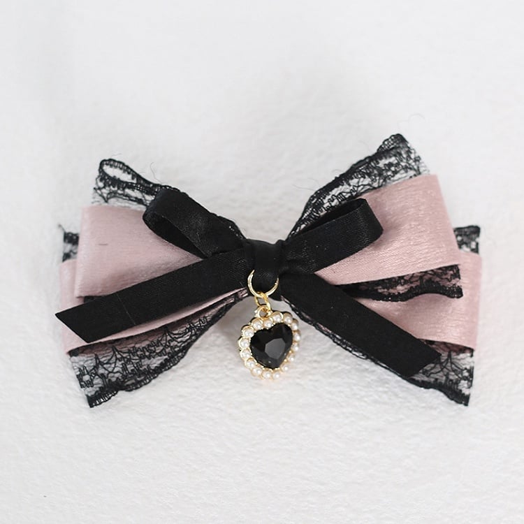 Black Hairclips Lace Jirai Bowknot With Kei Heart Pink Charm