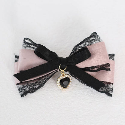 Black Hairclips Lace Jirai Bowknot With Kei Heart Pink Charm
