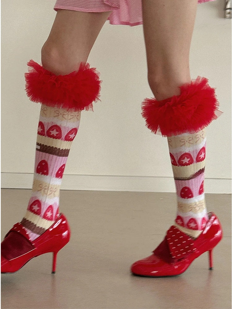 Ruffle with Tulle Stockings Trim Sweet Bow Strawberry Pattern