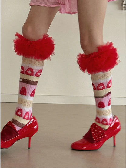 Ruffle with Tulle Stockings Trim Sweet Bow Strawberry Pattern