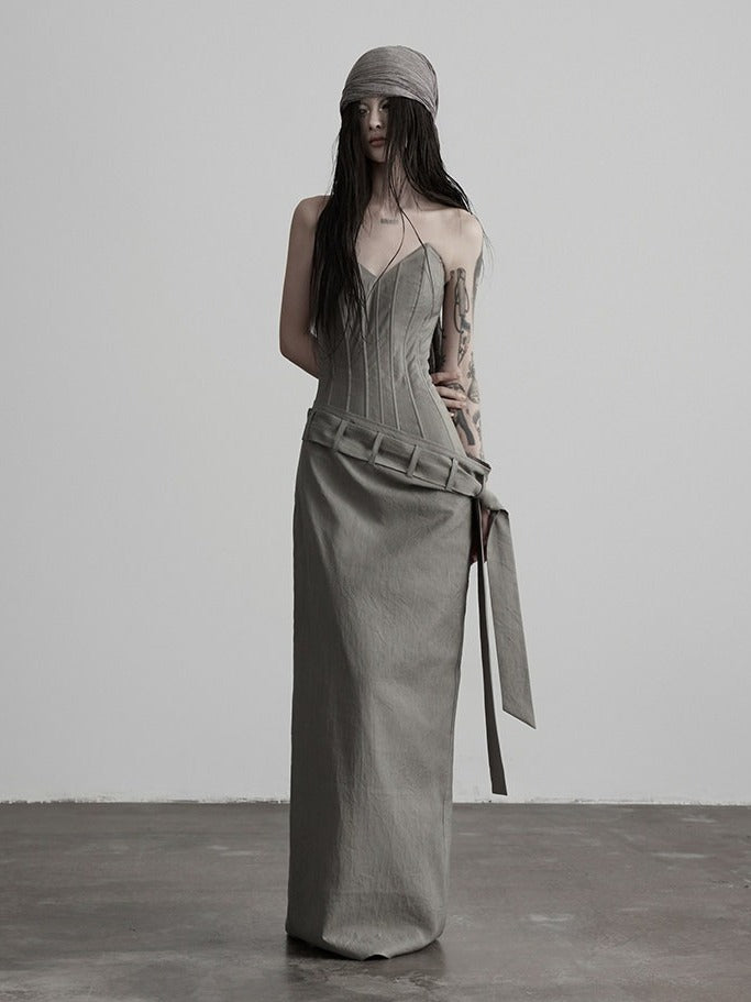 Gray Boned Strapless Long Dress with Belt - INDULGE