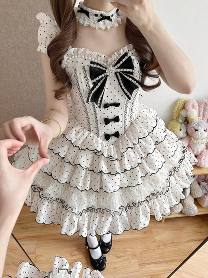Sweet Lolita Polka Dot Dress with Versatile OP/JSK Design and Tiered Hem White