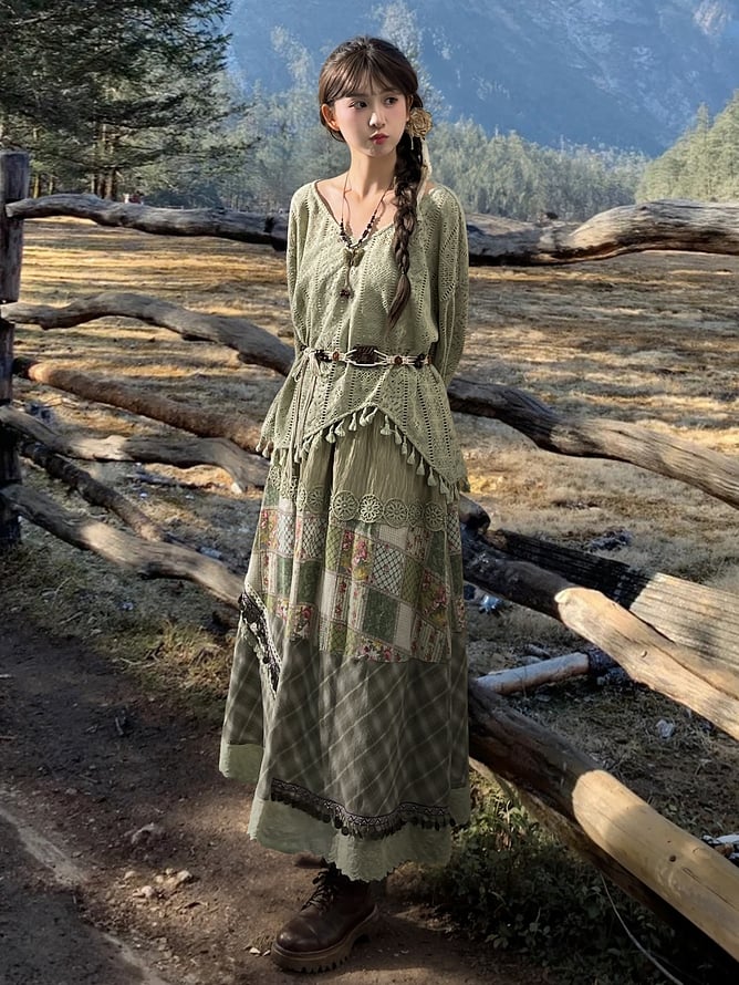 Grüner Cottagecore-Patchworkrock mit hoher Taille im Bohemian-Stil