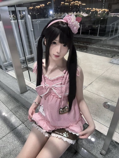 Paw Kitten Brown Cat Shorts Prints Trim with Lace and