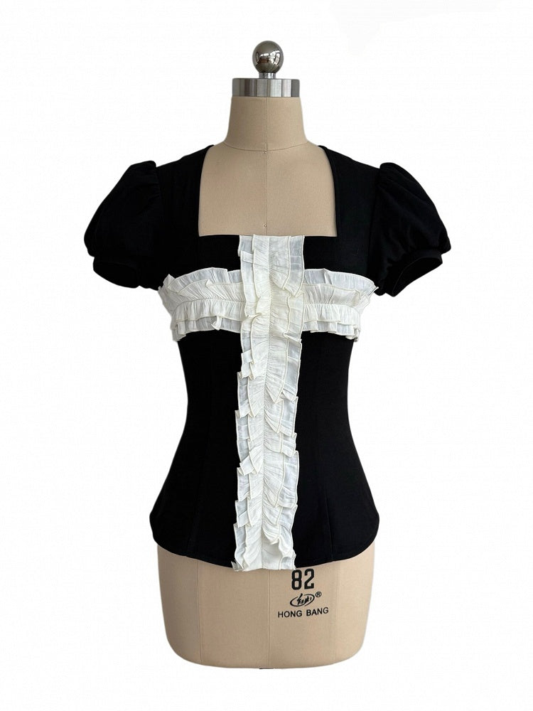 Black Square Neck Puff Sleeve Top with White Ruffle Trim - Damn Girl