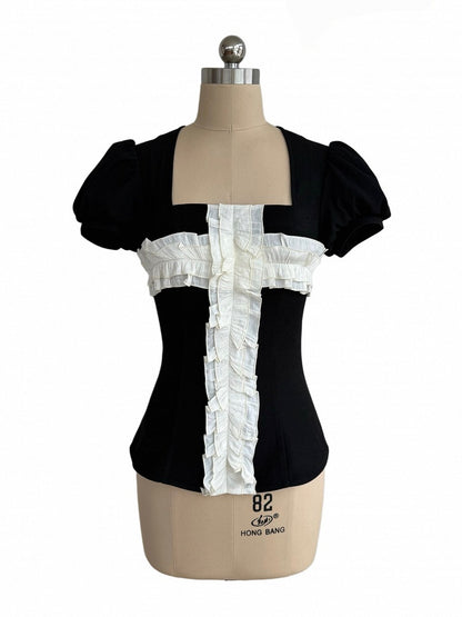 Black Square Neck Puff Sleeve Top with White Ruffle Trim - Damn Girl