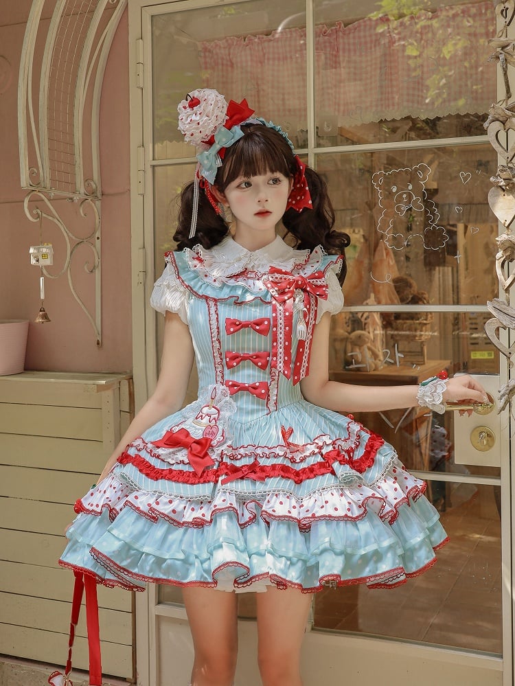 Red and Skirt Green Sweet Polka with Accents Bow Tiered Dots Stripes Dress Lolita