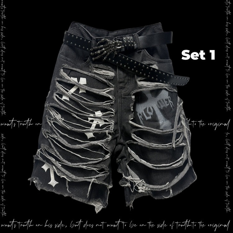 デニムショートパンツ Y2K クロスアップリケ ダメージ加工 穴あき ダークグレー グラマラス